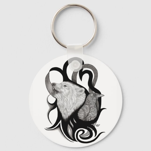 Chaveiro Lobo Branco com Arte Tribal Raven (Frente)