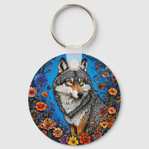 Chaveiro Lobo Entre Flores Vibrantes