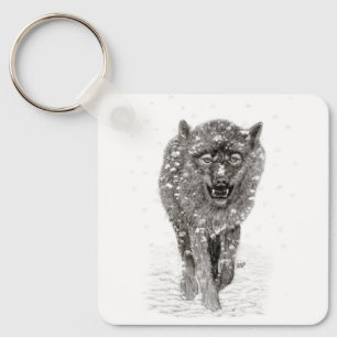 Chaveiro Lobo Negro Zangado na Neve, inverno selvagem