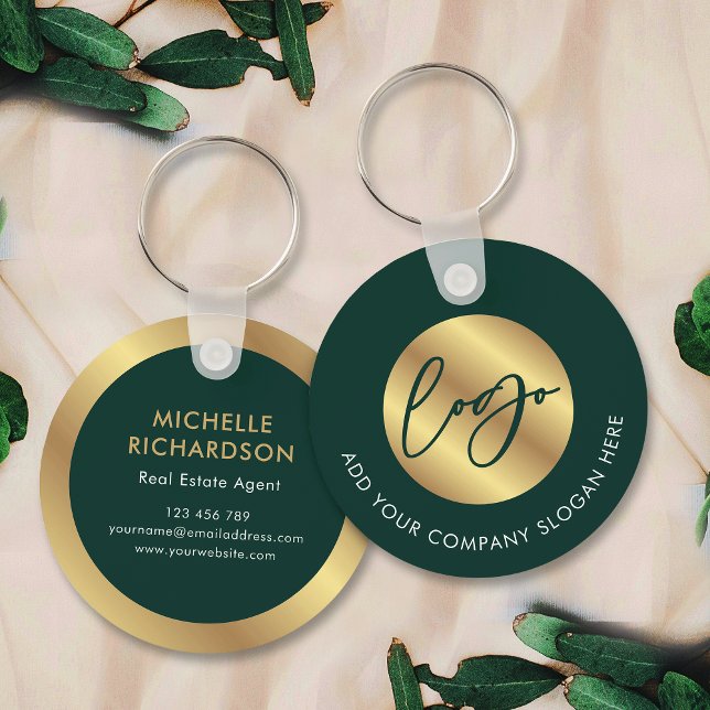 Chaveiro Logotipo verde e Dourado Promocional comercial imo (Emerald greed and gold promotional branded business logo keyring with space for your contact info)