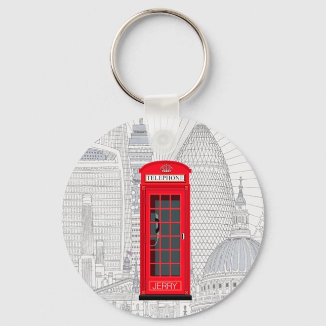 Chaveiro London Red Phone Booth Skyline with Custom Name (Frente)
