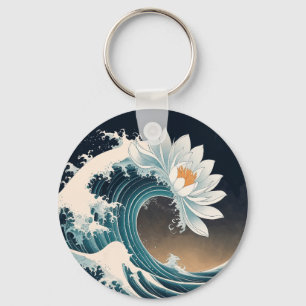 Chaveiro Lotus Branco e Onda Oceânica - Elegância em movime