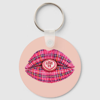Chaveiro Love Ye Scottish Tartan Kiss Lips Scotland pink