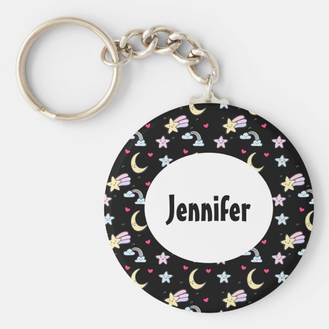 Chaveiro Lua branca, estrelas e nuvens padrão em preto (Frente)