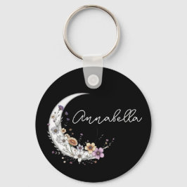 Chaveiro Lua Crescente Floral Nome Personalizado em Preto