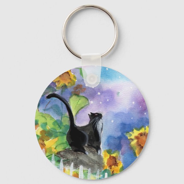 Chaveiro Lua de Gato de Tuxedo em Girassóis (Frente)