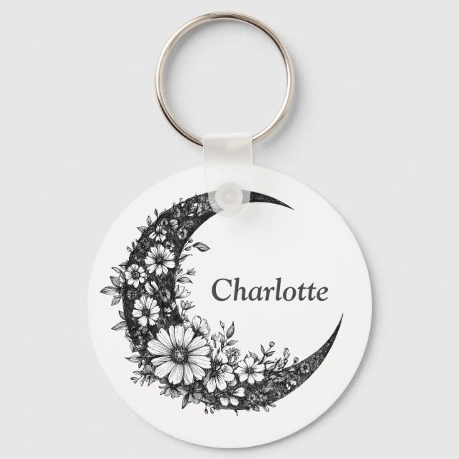 Chaveiro Lua e Flores Arte com Nome Personalizável (Frente)