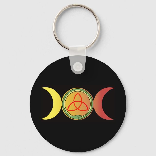 Chaveiro Lua tripla com ouroboros verdes e triquetra vermel (Frente)