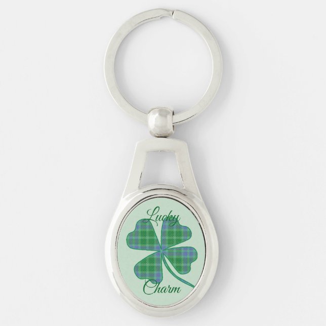Chaveiro Lucky Green Plaid Shamrock Four-Leaf Clover  (Frente)