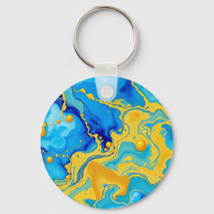Chaveiro Luxuoso Azul e Dourado Abstrato de Tinta Alcoólica