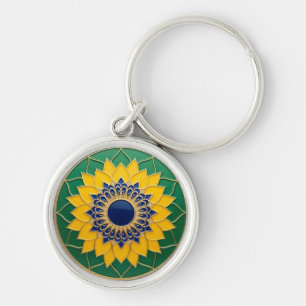 Chaveiro Luxury 3D Solar Mandala Keychain - Gold & Emerald 