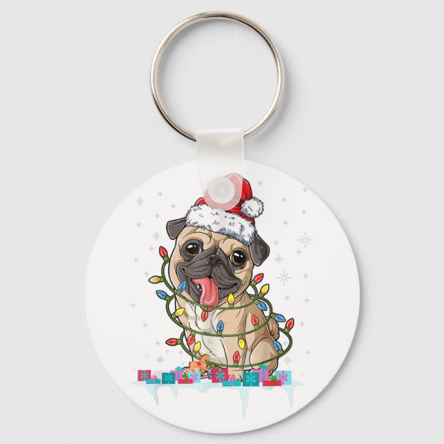 Chaveiro Luzes da Árvore de Natal Pug Presentes de Natal do (Frente)