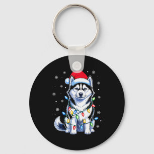 Chaveiro Luzes de Natal de Cachorro Husky Chapéu de Papai N