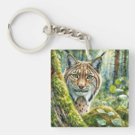 Chaveiro Lynx em Lush Green Forest Watercolor