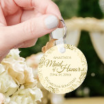 Chaveiro Madrinha de casamento Casamento Presente Dourado A<br><div class="desc">Estas chaveiros são projetadas para oferecer como favores à Madrinha de casamento na sua festa de casamento. Eles apresentam um design simples, mas elegante, com um fundo de marfim ou creme colorido, um texto dourado e uma borda floral de folha fina de ouro herdada. O texto diz "Madrinha de casamento"...</div>