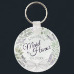 Chaveiro Madrinha de casamento Eucalyptus Lavanda Wreath Ca<br><div class="desc">Estes chaveiros são projetados para oferecer um favor ou um presente para a Madrinha de casamento na sua festa de casamento. Apresentam um design de aquarela, pintado à mão rústica, com uma coroa de folhas de eucalipto, flores de lavanda e folhagem em tons de verde-sábio e roxo claro. O texto...</div>