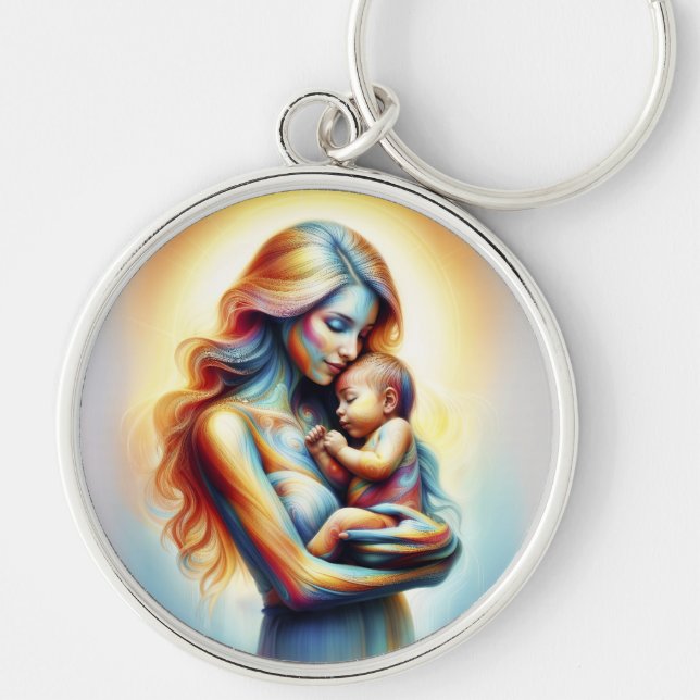 Chaveiro Mãe segurando o bebê tenente luminoso abraça a art (Frente)