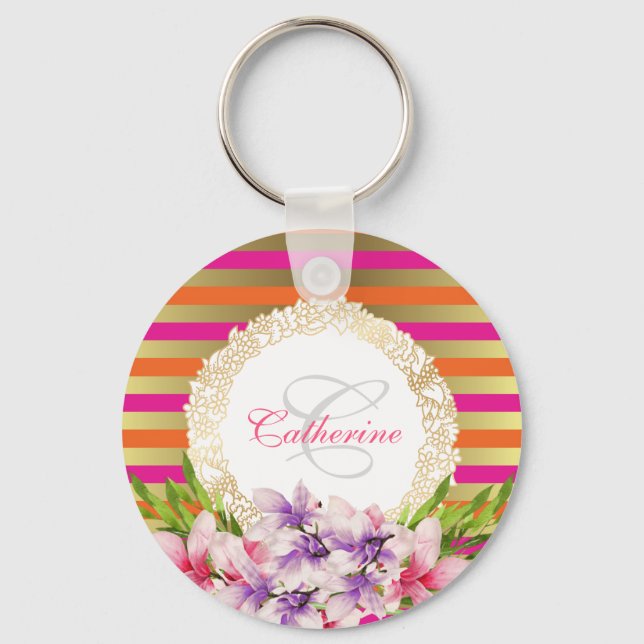 Chaveiro Magnolia de Cores d'Água Púrpura e Rosa Personaliz (Frente)