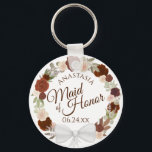 Chaveiro Maid of Honor Rustic Fall Floral Wreath Wedding<br><div class="desc">These keychains are designed to give as a favor or gift for the Maid of Honor in your wedding party. They feature a rustic hand painted watercolor design with a wreath of roses and foliage in shades of burnt umber, rust orange, and coral peach. The text is written in elegant...</div>