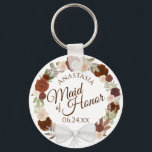 Chaveiro Maid of Honor Rustic Fall Floral Wreath Wedding<br><div class="desc">These keychains are designed to give as a favor or gift for the Maid of Honor in your wedding party. They feature a rustic hand painted watercolor design with a wreath of roses and foliage in shades of burnt umber, rust orange, and coral peach. The text is written in elegant...</div>