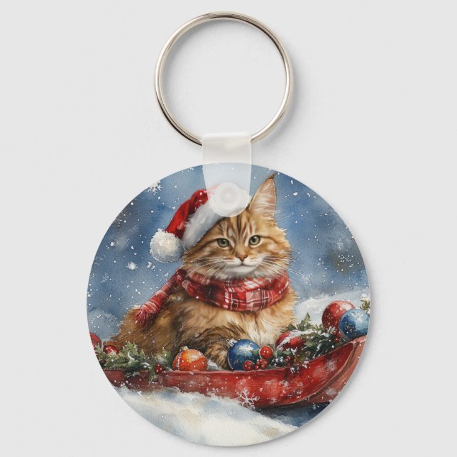 Chaveiro Maine Coon Cat em Sledge Deixe nevar Natal (Frente)