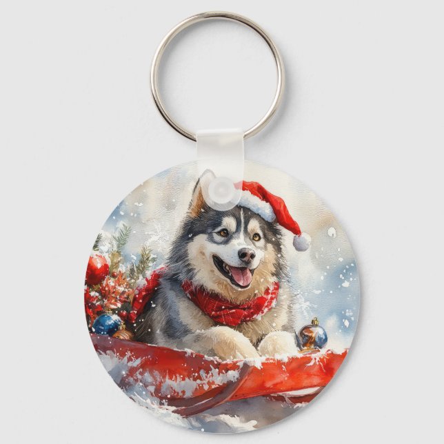 Chaveiro Malamute do Alasca em Trenó Deixe Nevar Natal (Frente)