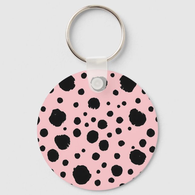 Chaveiro Manchas de Tinta Preta com Padrão de Bolinhas Rosa (Frente)