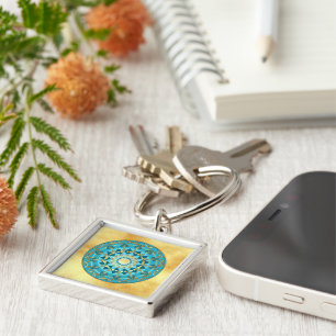 Chaveiro Mandala azul dourado em Fundo de Ouro Suave