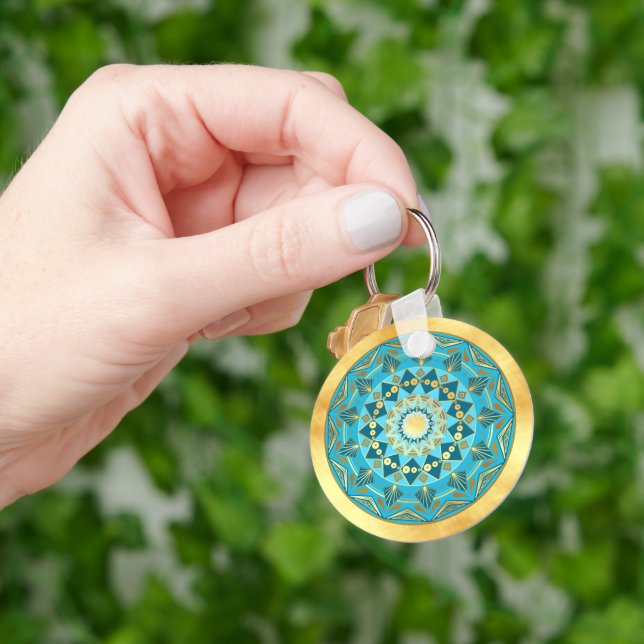 Chaveiro Mandala azul dourado em Fundo de Ouro Suave (Mão)