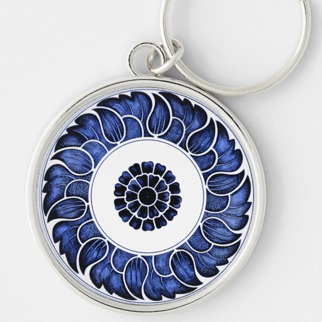 Chaveiro Mandala Azul e Branco Antigo Chinês (Frente)