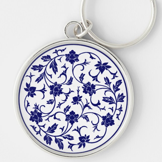 Chaveiro Mandala Azul e Branco Chinês Antiquado (Frente)