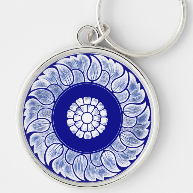 Chaveiro Mandala Azul e Branco Chinês Antiquado (Frente)