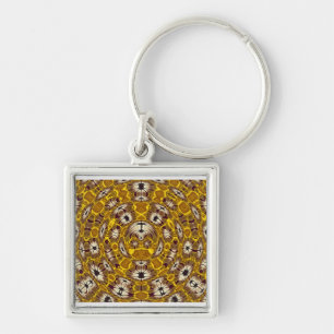 Chaveiro Mandala Boho Padrão Floral Dourado