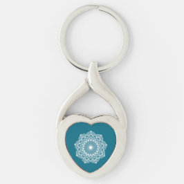Chaveiro Mandala branca em fundo azul Porta-chaves de metal