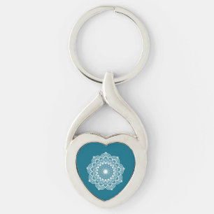 Chaveiro Mandala branca em fundo azul Porta-chaves de metal