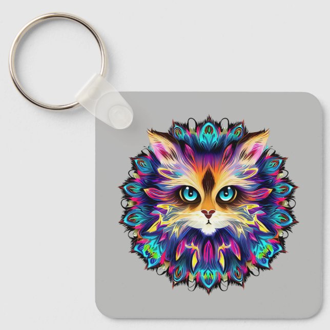 Chaveiro Mandala com um retrato de gato peludo (Frente)