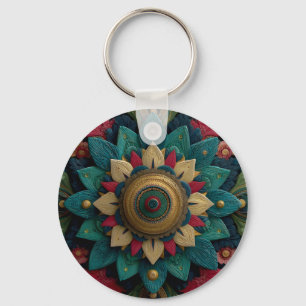 Chaveiro Mandala Floral Texturizada Intrincada em Azul Turq