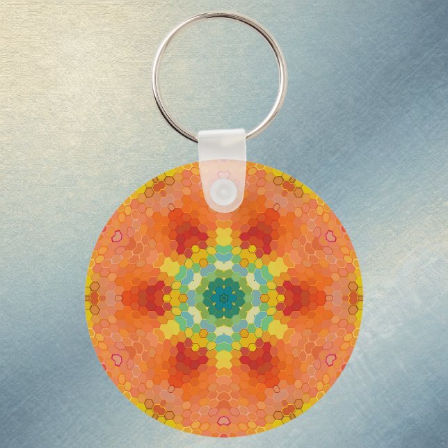 Chaveiro Mandala Hexagonal Laranja Amarelo Vermelho e Azul (Orange Yellow Red and Blue Hexagon Mandala Keychain by Wormhole Orbital)