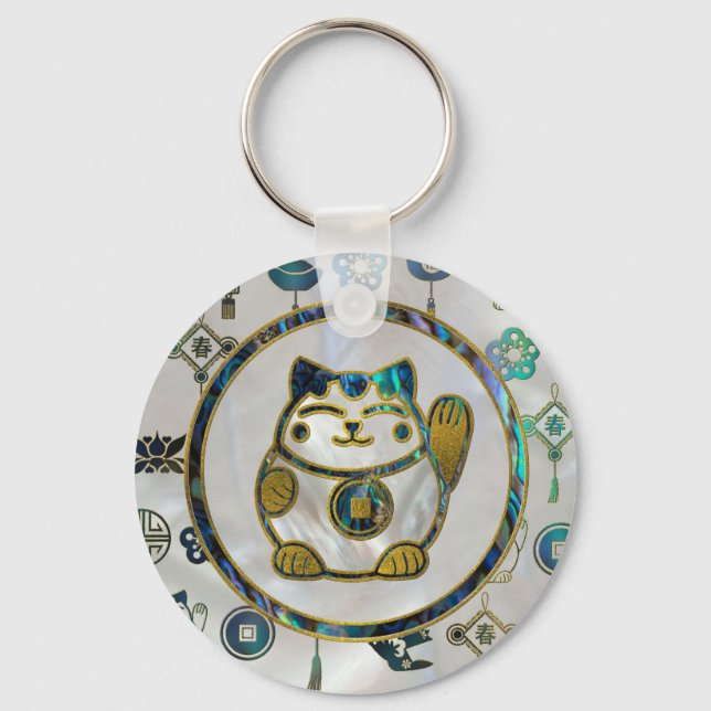 Chaveiro Maneki Neko Lucky cat em pérola e abalone (Frente)