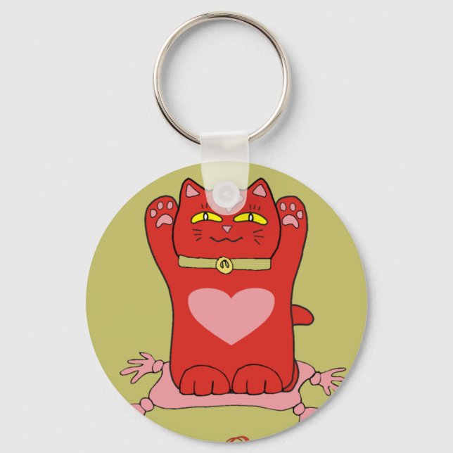Chaveiro Maneki Neko Red Cat com Corações (Frente)