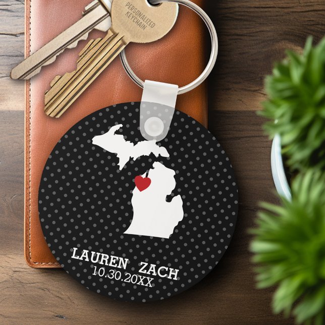 Chaveiro Mapa da Cidade do Estado de Michigan - Casamento P (Personalized Keychain - Michigan Wedding Favor)