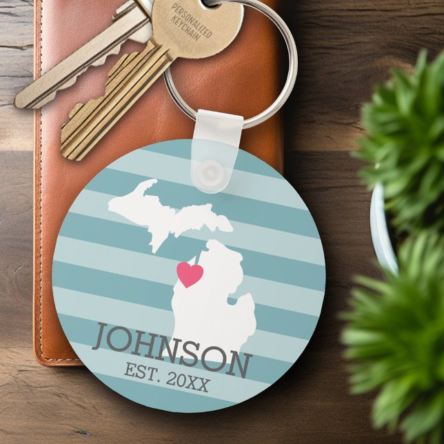 Chaveiro Mapa da Cidade do Estado Nativo de Michigan - Casa (Personalized Keychain - Michigan Wedding)