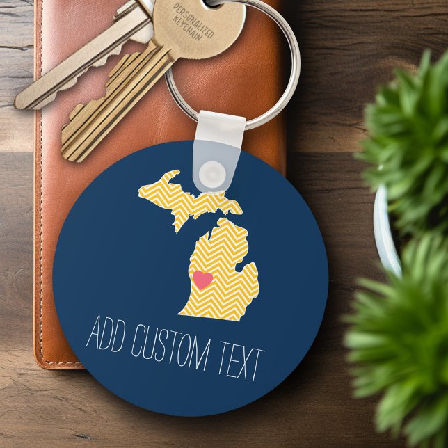 Chaveiro Mapa de Michigan com Coração de Amor Personalizado (Personalized Keychain - Michigan)