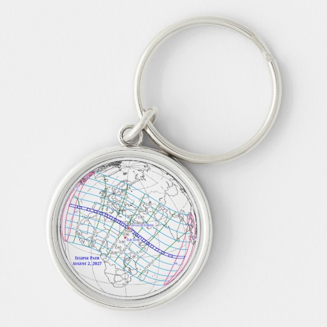 Chaveiro Mapa do Eclipse Solar Total de 2027 (Frente)