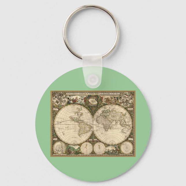 Chaveiro Mapa mundial antigo de Frederick de Wit em 1660 (Frente)
