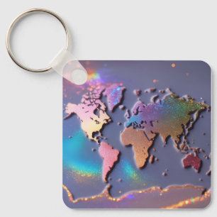 Chaveiro Mapa Mundial Colorido 3D Brilhante com Glitter