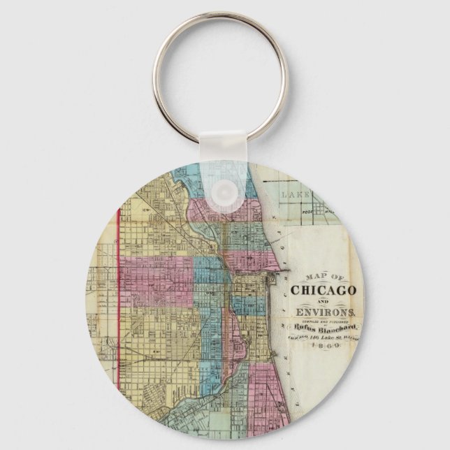 Chaveiro Mapa Vintage de Chicago (1869) (Frente)