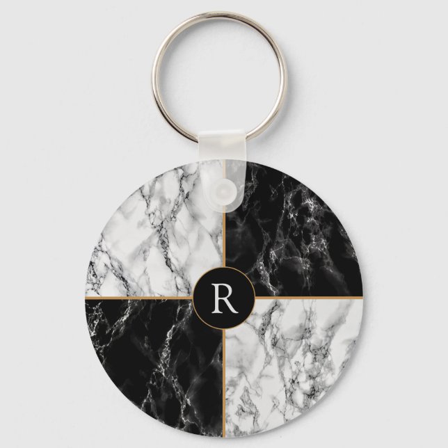 Chaveiro Marble de Verificação Preto e Branco da Tendência  (Frente)