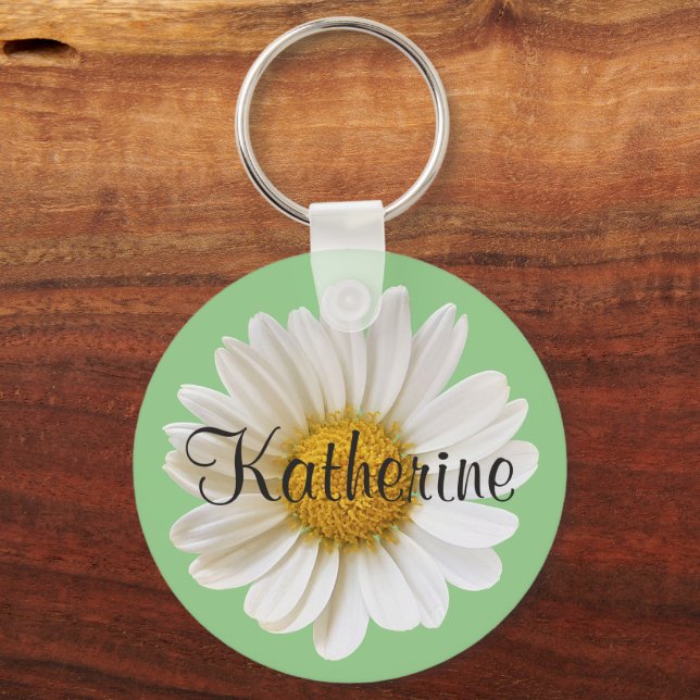 Chaveiro Margarida Branca com Nome Personalizado Verde Sage (Frente)