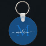Chaveiro Marinho Azul Branco Monograma Nome Moderno Raparig<br><div class="desc">Chaveiro de Letra Negra Azul Simples Monograma Branco Elegante Moderno Elegante</div>